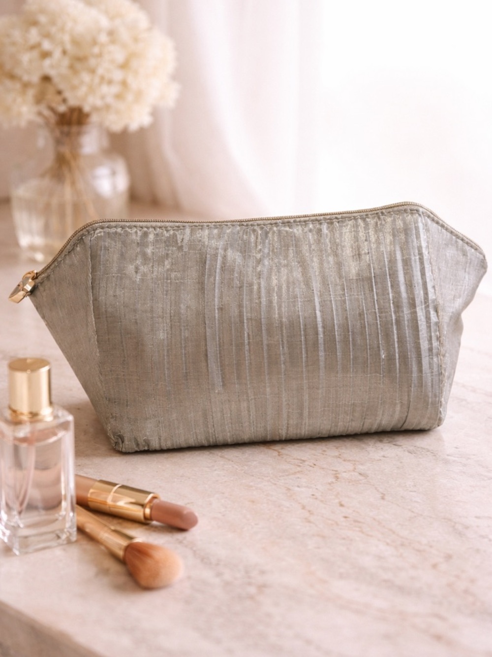 Bvlgari Silver Metallic Cosmetic Bag Zip Pouch Luxury Travel Makeup New